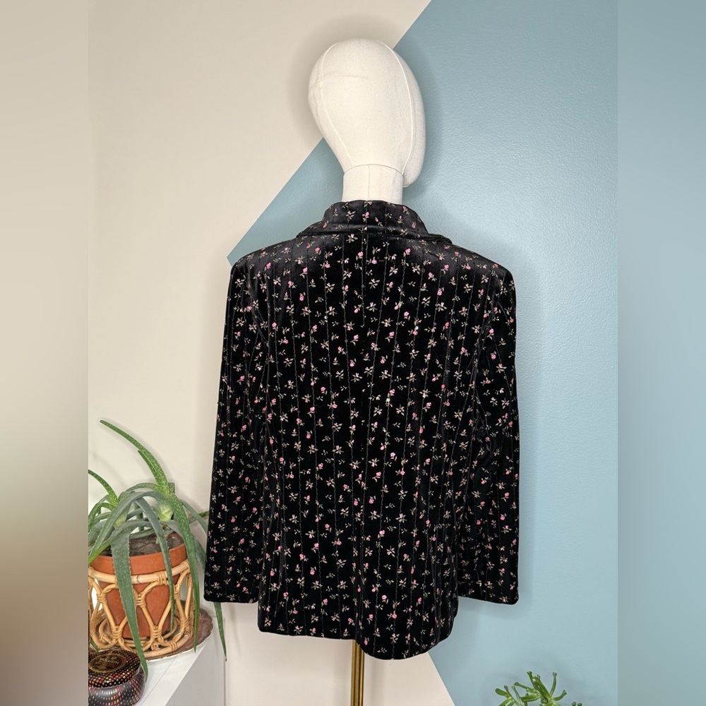 Quilted Velvet Floral Sequin Blazer Black Pink Rose Jacket VTG Cottagecore Y2K - Picture 5 of 11